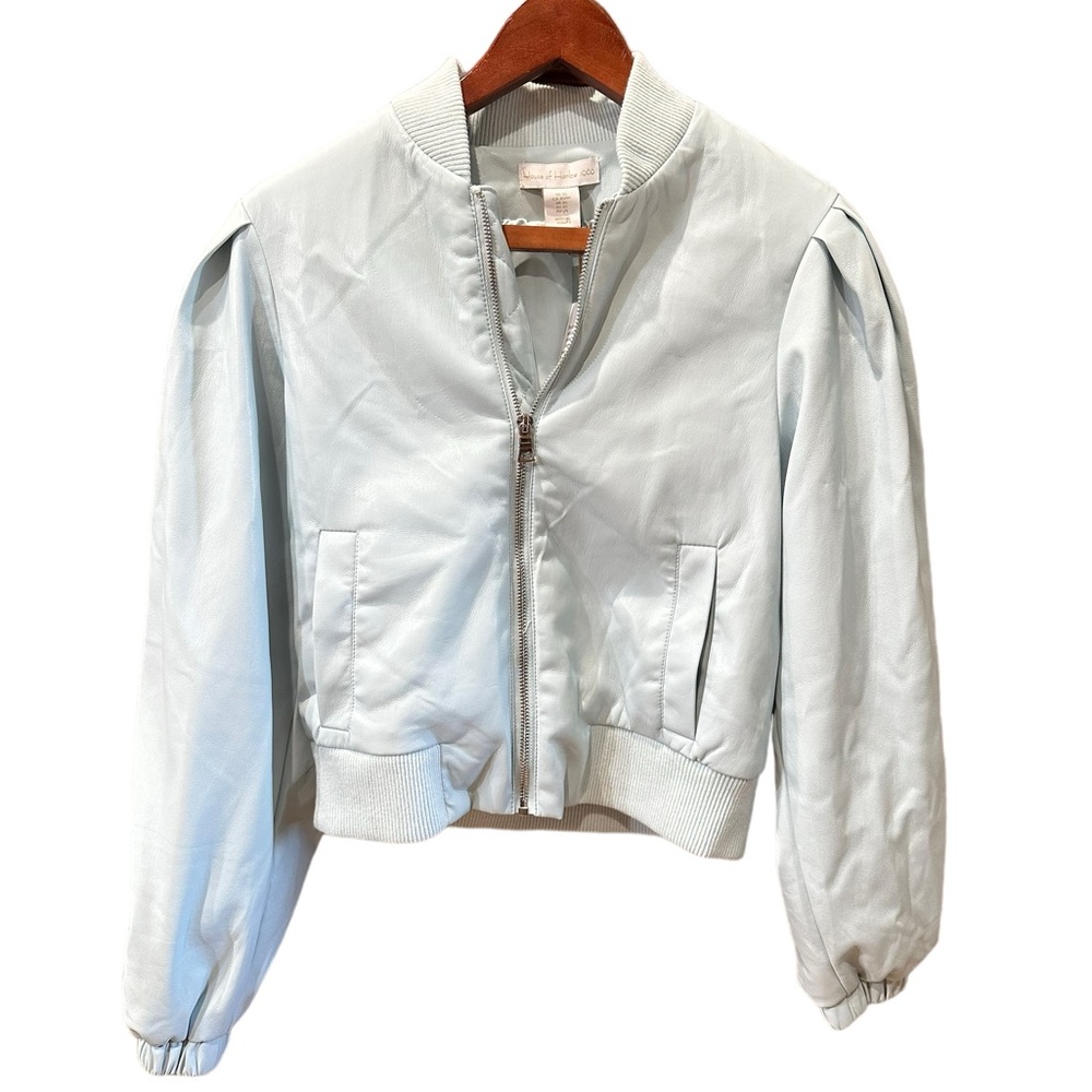 House of Harlow 1960 Pastel Blue Zip Up Leather Jacket